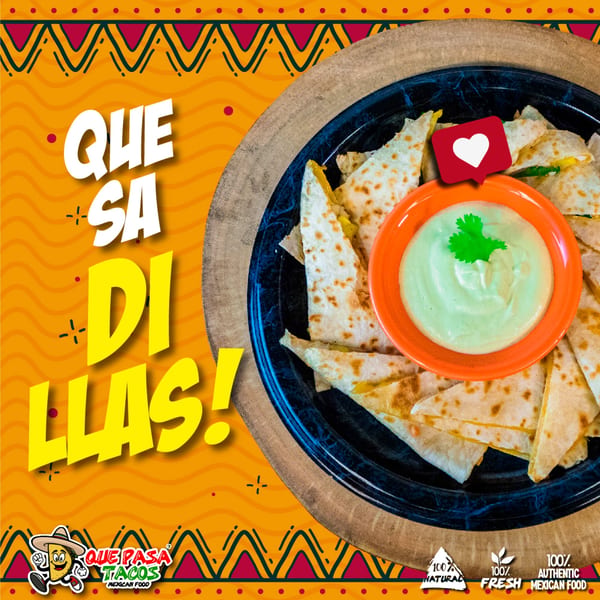 Que Pasa Tacos quesadillas with a side of creamy green sauce, garnished with cilantro.