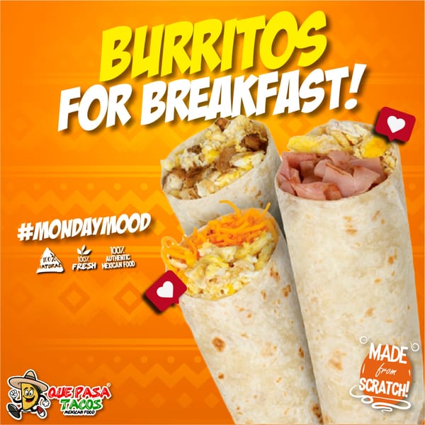 Three breakfast burritos with eggs, cheese, and ham, on an orange background with text.